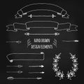 Set of handdrawn vintage elements. Ribbons, arrows, laurel wreath, page deviders. Hand drawn sketched, vector Royalty Free Stock Photo