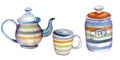 Set of handdrawn watercolor elements isolated on white background: cup, teapot, can for tea.