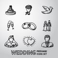 Set of handdrawn wedding icons - cake, flowers