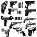 Set of handgun, revolver illustrations. Design elements for logo, label, emblem, sign, badge.