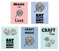 Set of handi craft postcards. Cotton yarn and candles handicraft comic style doodle banners. Handmade vector illustration design.