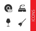 Set Handle broom, Washing dishes, Wine glass and Brush for cleaning icon. Vector