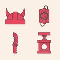 Set Handle detonator for dynamite, Viking in horned helmet, dynamite stick and timer clock and Military knife icon Royalty Free Stock Photo
