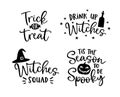 Set of handlettered Halloween phrases. Spooky auumn quotes with witches hat and scary pumpkin silhouette. Party