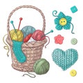 Set for handmade basket with balls of yarn, elements and accessories for crochet and knitting. Royalty Free Stock Photo