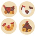 A set featuring a hen with eggs, hens with a pattern, a mother hen and her baby chicks.