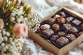 A set of handmade chocolates in a box and a bouquet of flowers. Royalty Free Stock Photo