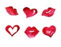 Set of handmade illustrations of beautiful and bright ink, watercolor stains in the form of hearts and lips in red Royalty Free Stock Photo