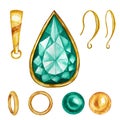 Set for handmade jewelry making. Crystals in a gold frame, jewelry beads and findings, Pendant holder, earring hook