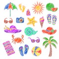 Set of handmade symbols and icons summer and vacation on the beach