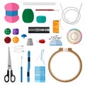 Set for handmade on white background. Kit for handicraft embroidery hoops, threads, yarn, needles, thimble, buttons, pins,