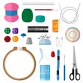 Set for handmade on white background. Kit for handicraft embroidery hoops, threads, yarn, needles,, thimble, buttons, pins,