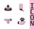 Set Hands with animals footprint, Pet food bowl for cat or dog, Collar name tag and Drinker small pets icon. Vector