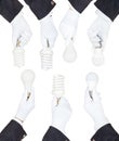 Set of hands in business suits hold various lamps Royalty Free Stock Photo