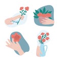Set of hands creating and holding flower compositions