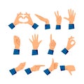 Set of hands in different gestures emotions and signs.