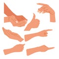 Set of hands in different positions, gestures. Flat cartoon eps 10. Palms, fingers, male or female. Design elements Royalty Free Stock Photo