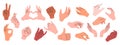 Set of hands in doodle style isolated human arms. Vector different man woman hands showing peace sign, heart, thumb up. Royalty Free Stock Photo