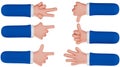 Set of hands with gestures, isolated on a white background, 3d render. Cartoon hands of a businessman, various gestures