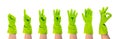Set of hands in green protective rubber gloves isolated