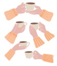 Set of hands holding cups of coffee. Coffee lover, coffee break concept Royalty Free Stock Photo