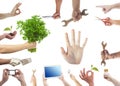 set of hands holding objects and signs isolated Royalty Free Stock Photo