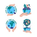 The set of hands holding planets Earth for stickers, logo designs, badges