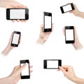 Set of hands with mobile smart phone with blank screen Royalty Free Stock Photo
