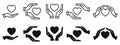 Set hands and palms with heart icons, hands holding heart icon, care, medicine, love, health sign in line and flat style Royalty Free Stock Photo