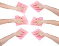 Set of hands with pink fabric rags isolated Royalty Free Stock Photo