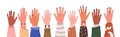 Set of hands raised up. Group of diverse human arms with accessories rising together. Concept of international volunteer