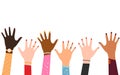 Set of hands raised up. Group of diverse human arms with accessories rising together. Vector illustration