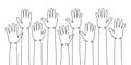 Set of hands up one line continuous drawing. Teamwork, collaboration, solidarity continuous one line illustration