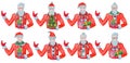 Set with handsome old man wearing Santa Claus costume, beard and stylish hair holding gifts and conifer
