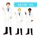 Set Handsome Scientist Man Pointing Up with Happy Face. Medical Staff Male. Full Body Vector Illustration.
