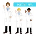 Set Handsome Scientist Man Showing OK Hand Sign. Medical Staff Male. Full Body Vector Illustration.