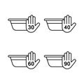 Set of handwash icons with different temperature, delicate laundry. Line art palm, washbowl and 30, 40, 60, 90 sign. Mode for