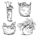 Set of handwoven interior baskets vector line drawing Royalty Free Stock Photo