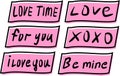 Set of handwritten lettering in ink: Love, xoxo, Love time, For you, i love you, be mine. For Valentine's Day cards.