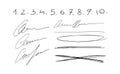 A set of handwritten scribbles and numbers, signature, strikethrough blots, mistakes. Hand drawn set of pen lines and
