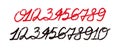 Set of handwritten, textured script numbers from zero to ten in red and black. Vector crayon or chalk texture Royalty Free Stock Photo
