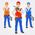 Set of handymen holding green drill Royalty Free Stock Photo