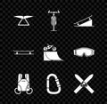 Set Hang glider, Bicycle, Skateboard on street ramp, Parachute, Carabiner, Ski and sticks, and icon. Vector