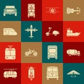 Set Hang Glider, Tanker Truck, Cargo Ship, Old Retro Vintage Plane, Train, Off Road Car And Scooter Icon. Vector