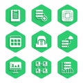 Set Hangar with servers, Hierarchy organogram chart, Server, Data, Web Hosting, Network cloud connection, Monitor graph Royalty Free Stock Photo