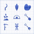 Set Hangar, Windmill, Garden rake, Shovel, Scythe, Sprout, Chicken egg and Sickle icon. Vector