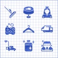 Set Hanger wardrobe, Clean cooking pot, Home cleaning service, Garbage truck, Lawn mower, Sponge, Cleaning lady and Mop