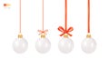 Set of Hanging Christmas Toys. Traditional Christmas Tree Toy - Shiny White Ball hanging on a red thread, on a ribbon, with a bow Royalty Free Stock Photo