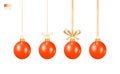 Set of Hanging Christmas Toys. Traditional Christmas Tree Toy - Shiny Red Ball hanging on a golden thread, on a ribbon, with a bow Royalty Free Stock Photo