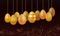 Set of hanging easter eggs on dark background with glittering confetti. Decoration elements for holiday banner promo design. Royalty Free Stock Photo